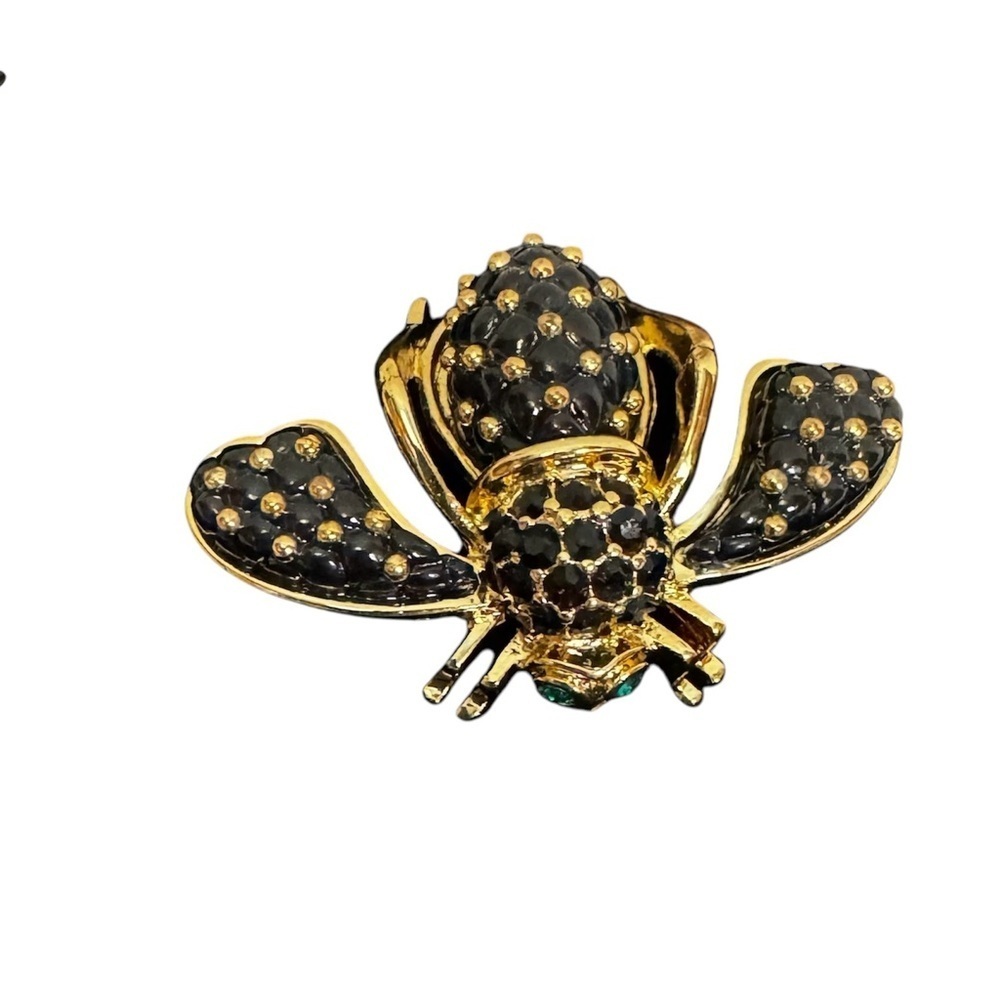 Joan Rivers Collection Gold Tone Black Green Bee Brooch Pin Crystal Pave Stones
